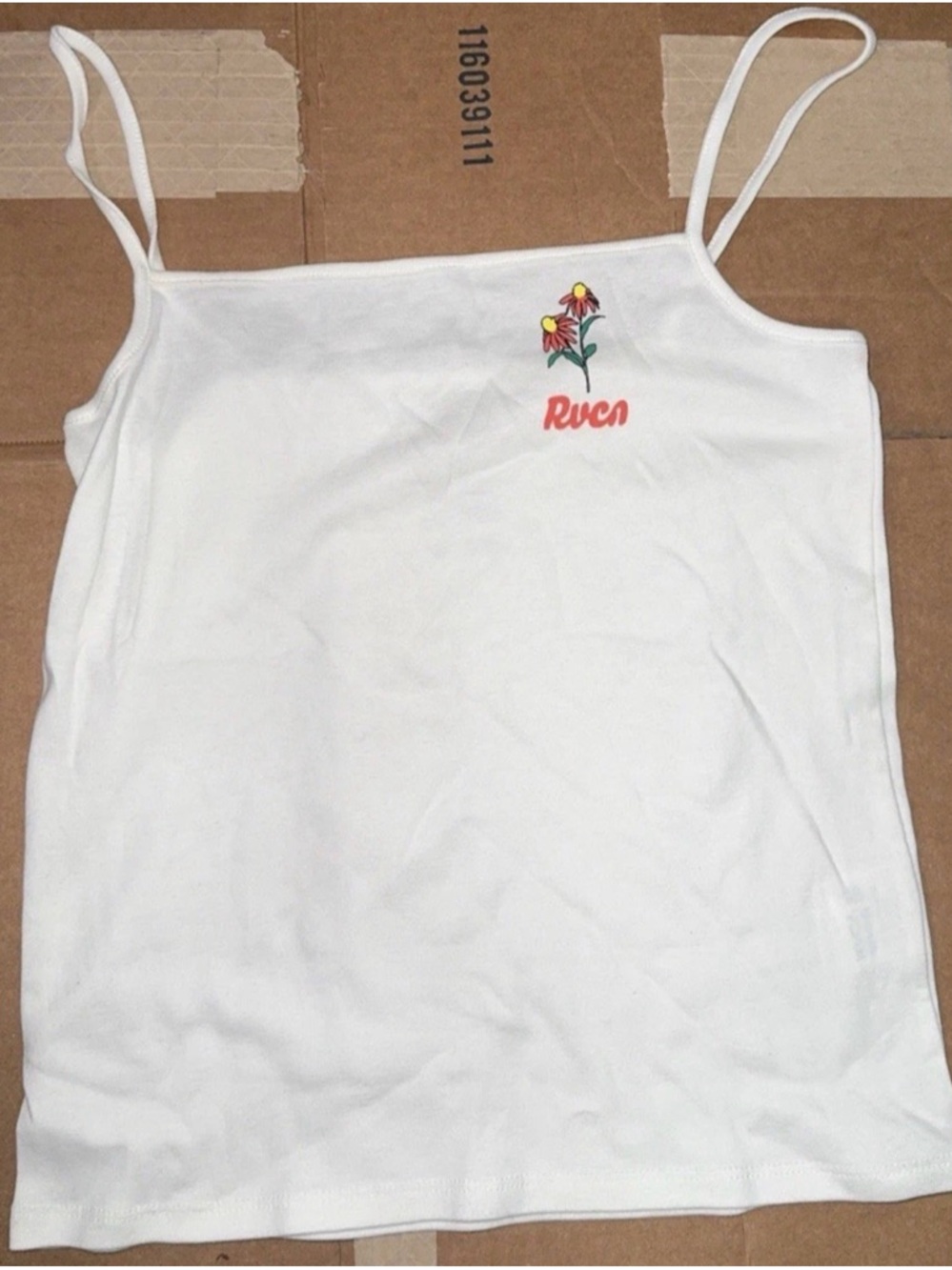 RVCA White Spaghetti-Strap Tank with Small Floral Logo